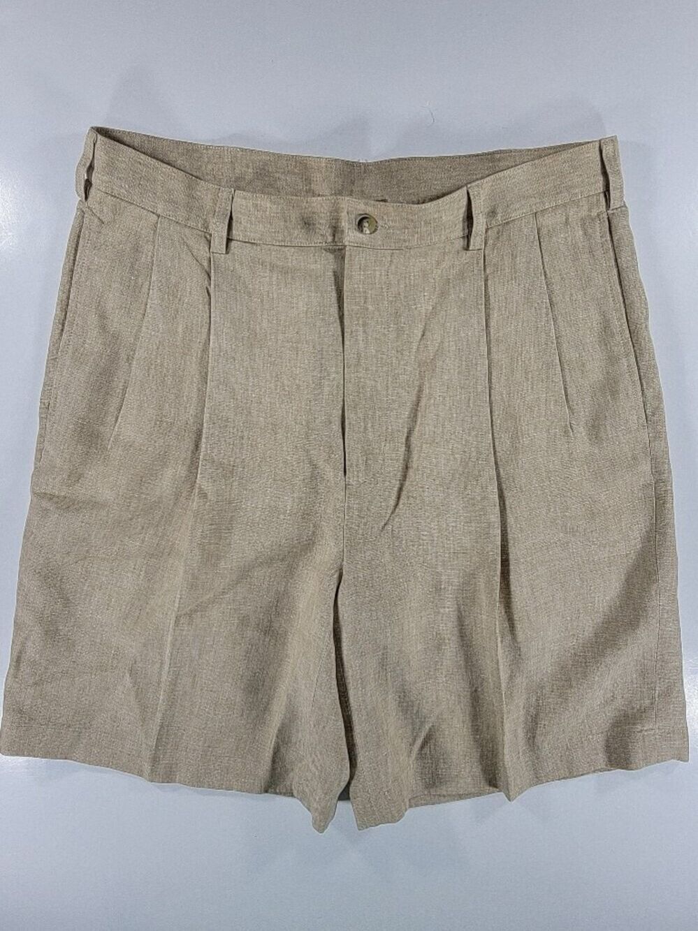 Jos A Bank 100% Linen Shorts Men's 35 Beige Tan Pleated Casual Vacation Beach